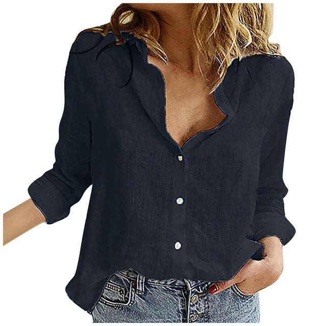 Kcodviy T-Shirt Ample en Lin pour Femme à Boutons, Hauts Tee Unis à Col à Revers, Manches Longues, T-Shirt en Polyester à Manches Longues pour Femme, T-Shirt Blouse Hauts