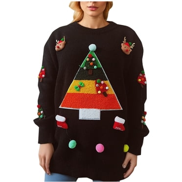 Pisexur Ugly Christmas Sweaters for Women Long Sleeve Crewneck Sweaters Christmas Tree Print Knit Sweater for Women Ugly Xmas Sweater Trendy Holiday Loose Pullover Sweaters for Women