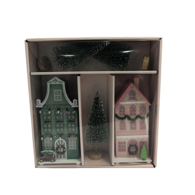 Holiday Time 5 Pack Village Set Decor, Tinsel Tree & Paper House Decor Set