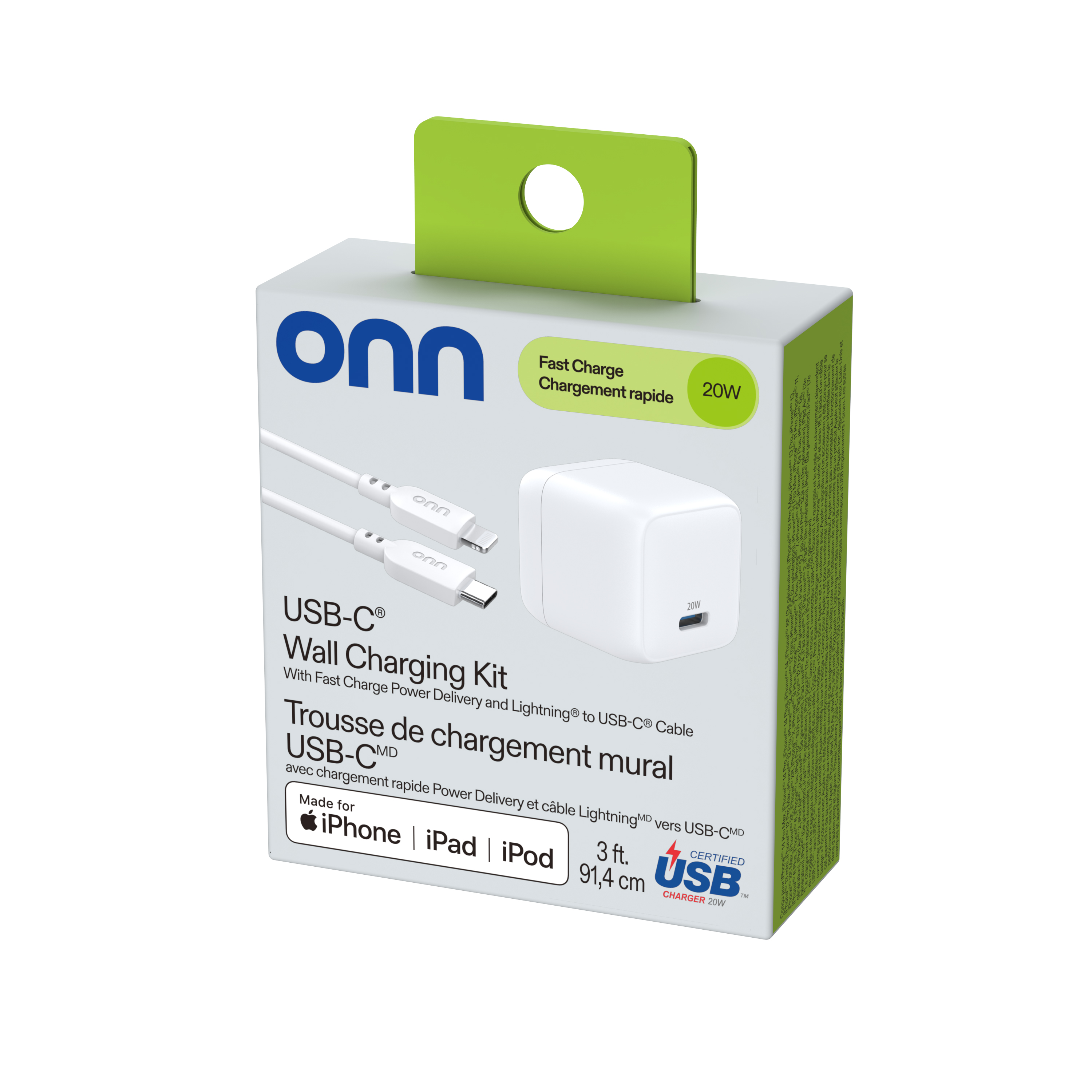 onn 20W Single USB-C Port Wall Charger with 3ft Lighting to C Cable, Fast Charging, MFI & USB-IF Certified, Foldable Plug, White