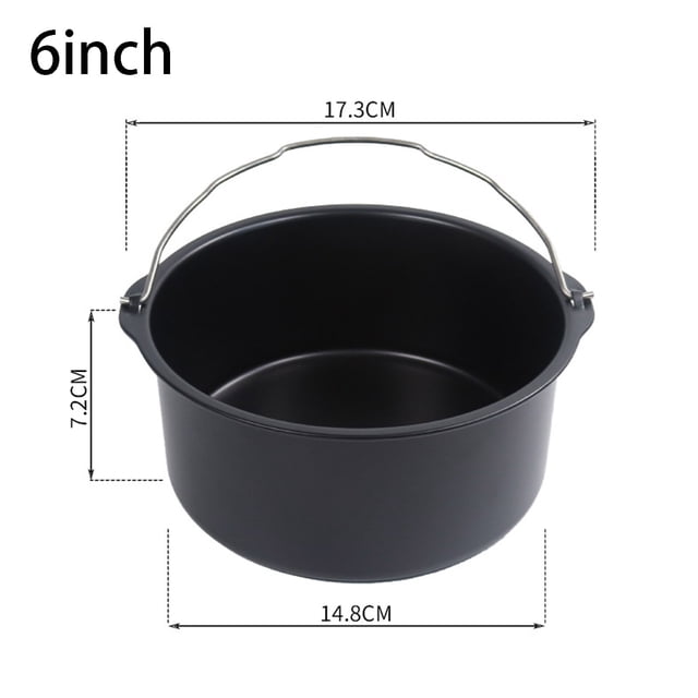 Vaidha 6 Inch Non Stick AirFryer Cake Barrel Baking Pan Tray Frying Basket in a round shape, made of carbon steel with a black non-stick coating. The pan has a 1.3L capacity, suitable for 2-3 people, and features a double-sided non-stick surface for easy release and cleaning. The image shows the pan with dimensions of 17.3 cm in diameter, 14.8 cm at the base, and 7.2 cm in height, along with a metal handle for convenient handling.