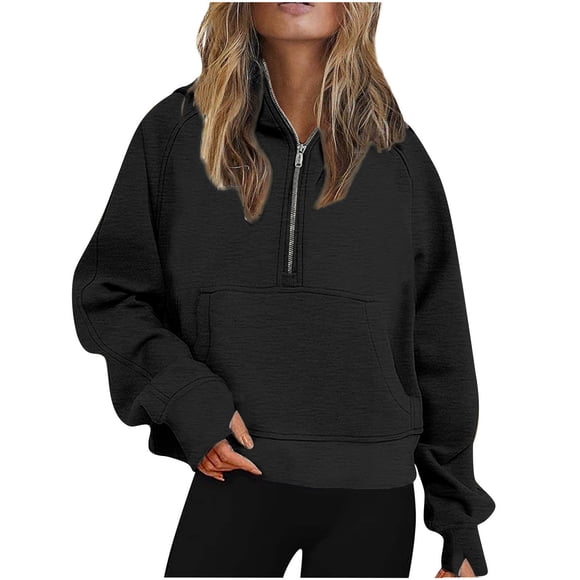 QUYUON Women Half Zip Hoodie Cropped Sweatshirts Womens Pullover Quarter Zip Long Sleeve Soft Lightweight Crop Tops Fleece Jackets Sweaters Sweatshirts Hoodies Outwear Coat Black XL