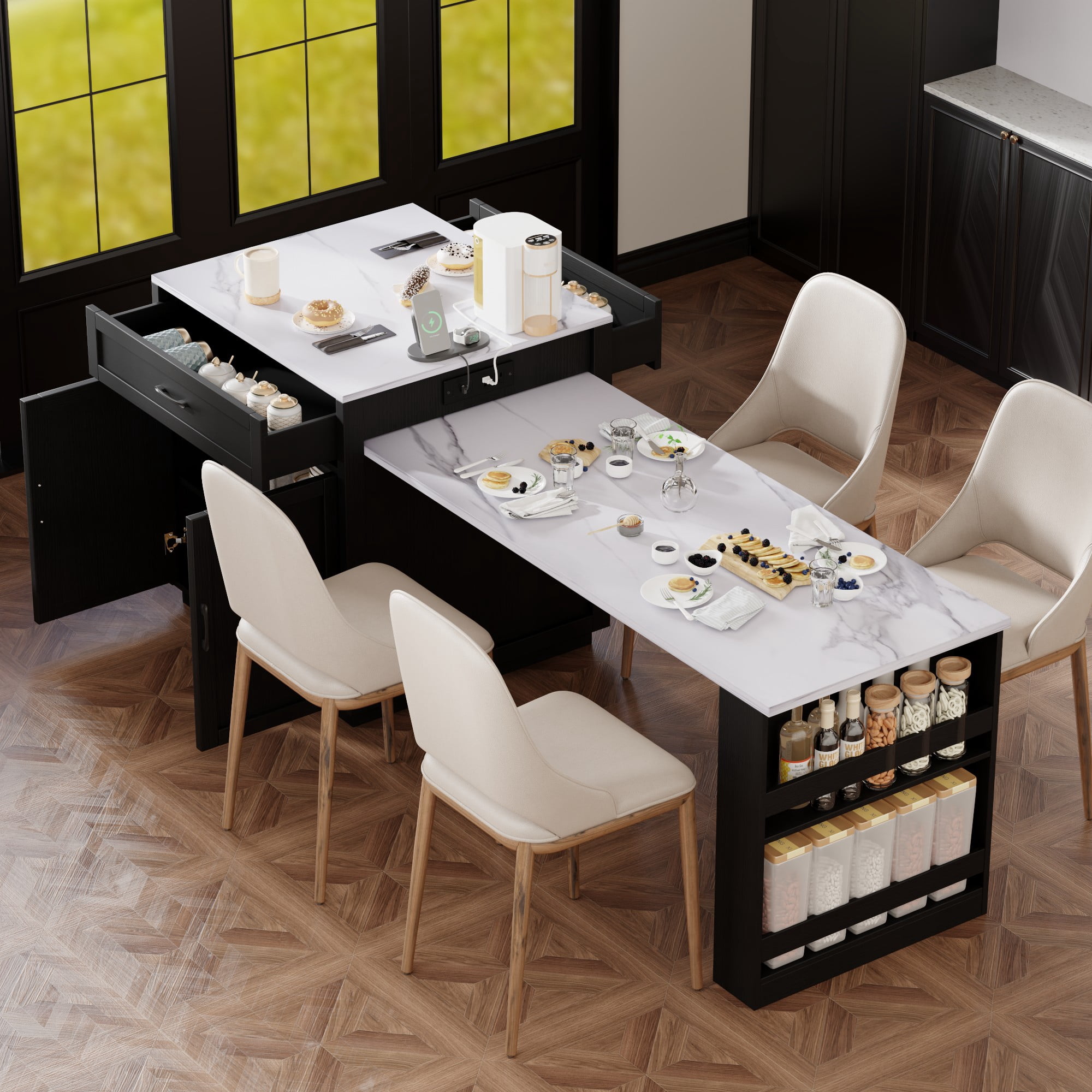 Îlot de cuisine Noble House 82,7 po avec table à manger extensible pour 4 à 6 personnes, noir