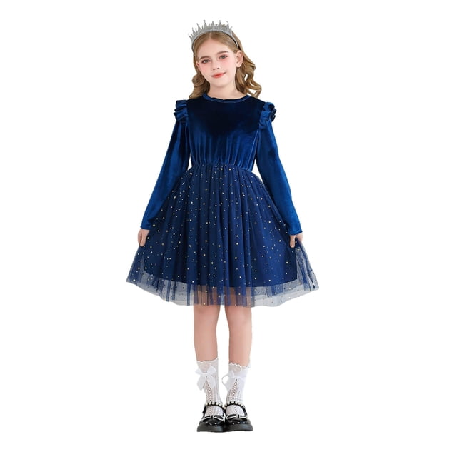 DuoJiaJ Robe à Volants à Manches Longues Robe de Princesse pour Fête et Spectacle Robe pour Enfants Robe Étoilée Taille 7-8 Ans