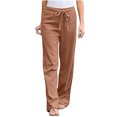 thumbnail image 1 of SHOPESSA Women Solid Color Cotton Linen Pants Sashes Straight Casual Long Pants Loose Fit Drawstring Trousers, 1 of 4