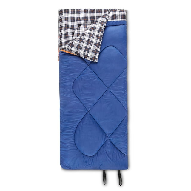 Ozark Trail 5C rectangular sleeping bag measuring 75 by 33 inches with blue polyester outer and plaid cotton interior, quilted stitching, partially unzipped to reveal lining, rated for +41℉/+5℃, includes carry straps for easy transport, ideal for camping and outdoor activities.