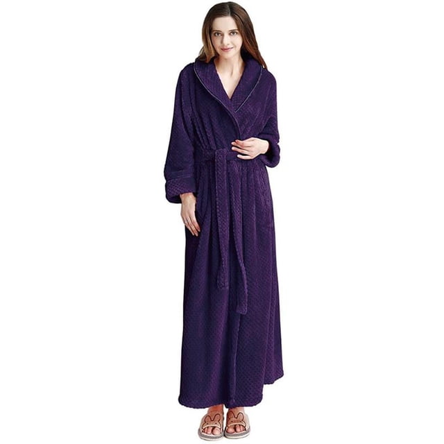Women's Plush Fleece Robe with Elastic Waist Design Long Warm Solid Bathrobe Dressing Nightgown