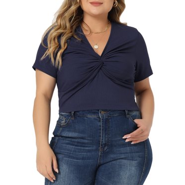GRACE & GRANDEUR Plus Size Blouse for Women Twist Front V Neck Ribbed Short Sleeve Casual Solid Tops Navy Blue 2X