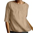 thumbnail image 2 of Qertyioot Women's Basic Solid Color Loose Round Neck Middle Sleeve Folded Cotton Linen Shirt Top, 2 of 6