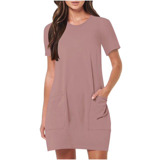 Timegard Robes de Maison pour Femmes Col Ras du Cou Manches Courtes Coupe Ajustée Couleur Unie Décontractée Confortable Robe Poches