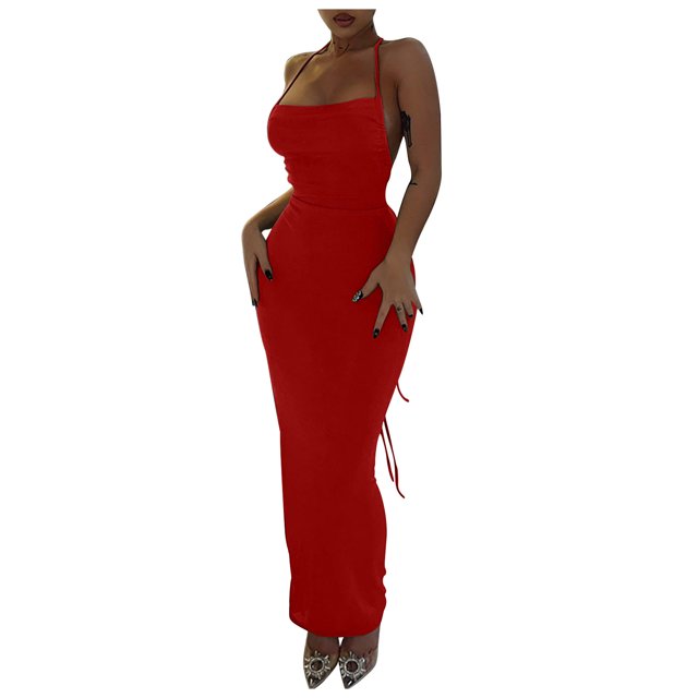 Birdeem Robe Longue d'Été pour Femme, Couleur Unie, Mode, Aguichant, Dos Ouvert, à Lacets, Style Élégant, Soutien-Gorge, Robe à Encolure Suspendue