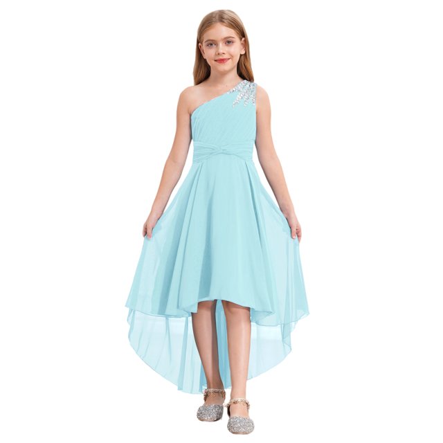 Manyakai Robe à une Épaule pour Filles, Ourlet Haut-Bas, Robe de Princesse à Volants, Taille Haute, Robe de Danse de Soirée, Bleu Clair 8