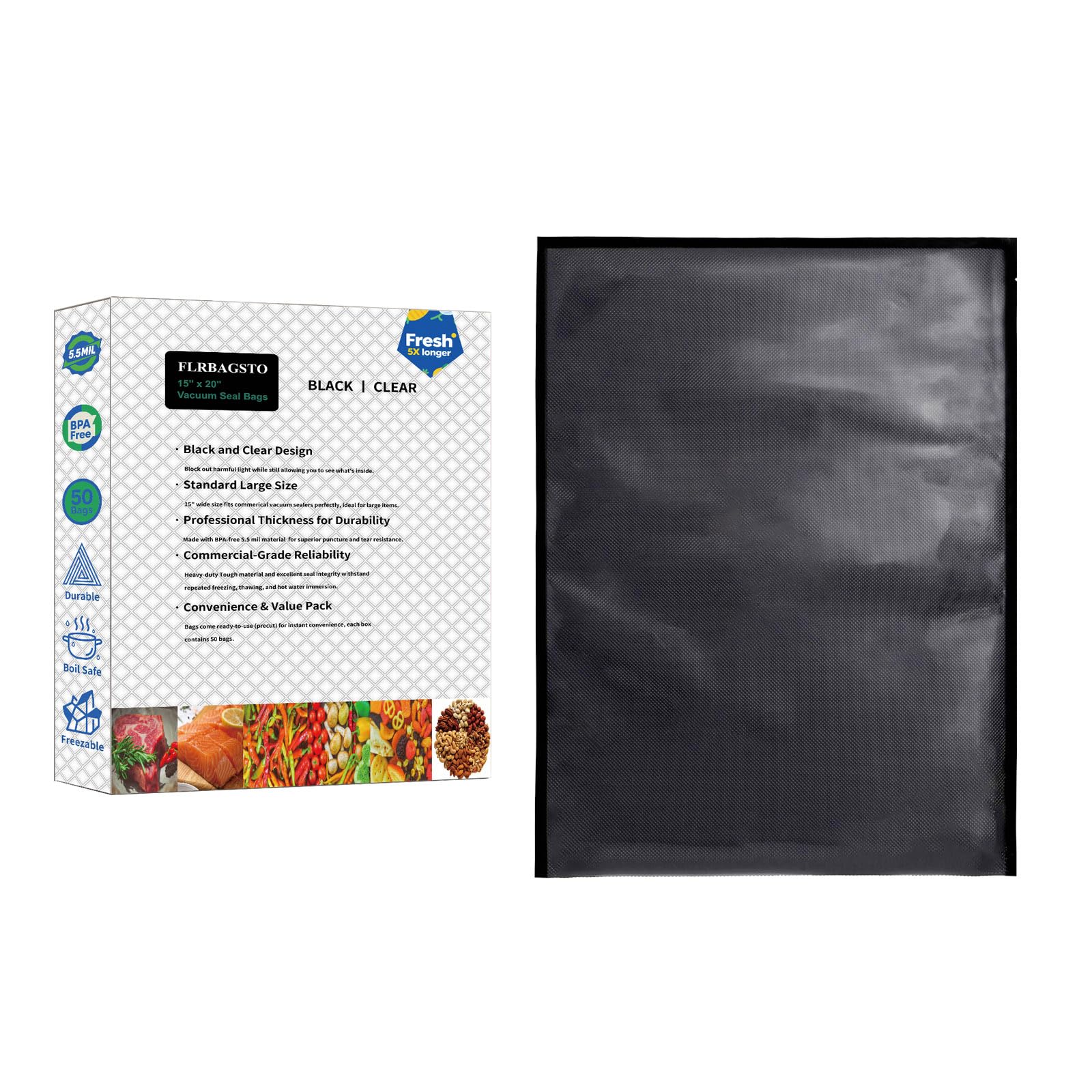 FLRBAGSTO Black and Clear Vacuum Sealer Bags 15" x 20", 5.5 Mil Precut Vacuum Seal Bags for Food Storage, Sous Vide, and Meal Pre