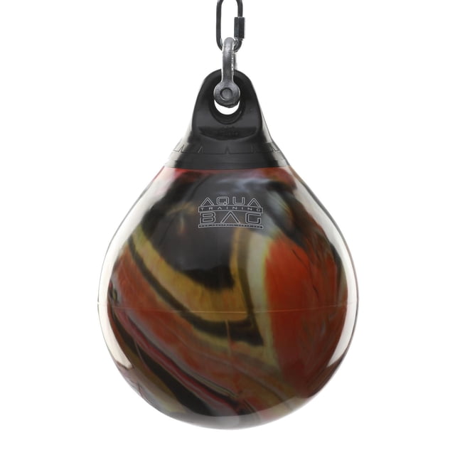 15" 75lb. ATB Training Bag - Fireball Orange teardrop-shaped punching bag with a glossy marbled pattern in black, orange, yellow, and red, made from thick-walled vinyl with a black reinforced top and metal hanging hardware, energy absorbent and portable for boxing, kickboxing, and MMA training.