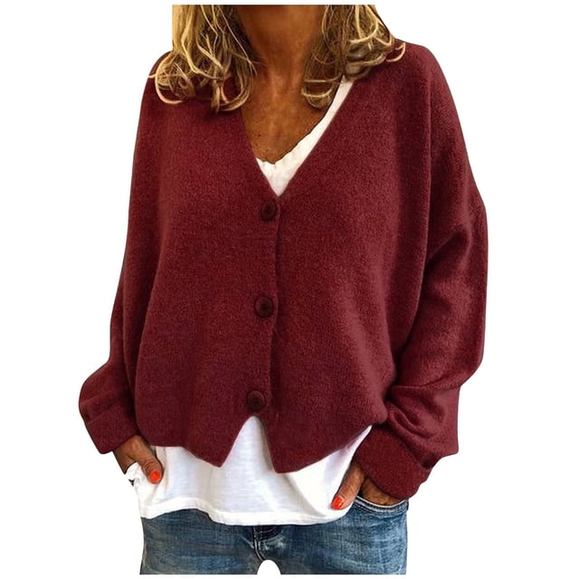 Women's Button Solid Knit Sweater Cardigan Long Sleeved Jacket