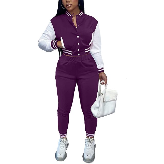 Tenue d'Entraînement 2 Pcs pour Femmes, Veste Patchwork à Boutons, Pantalon Long, Survêtement