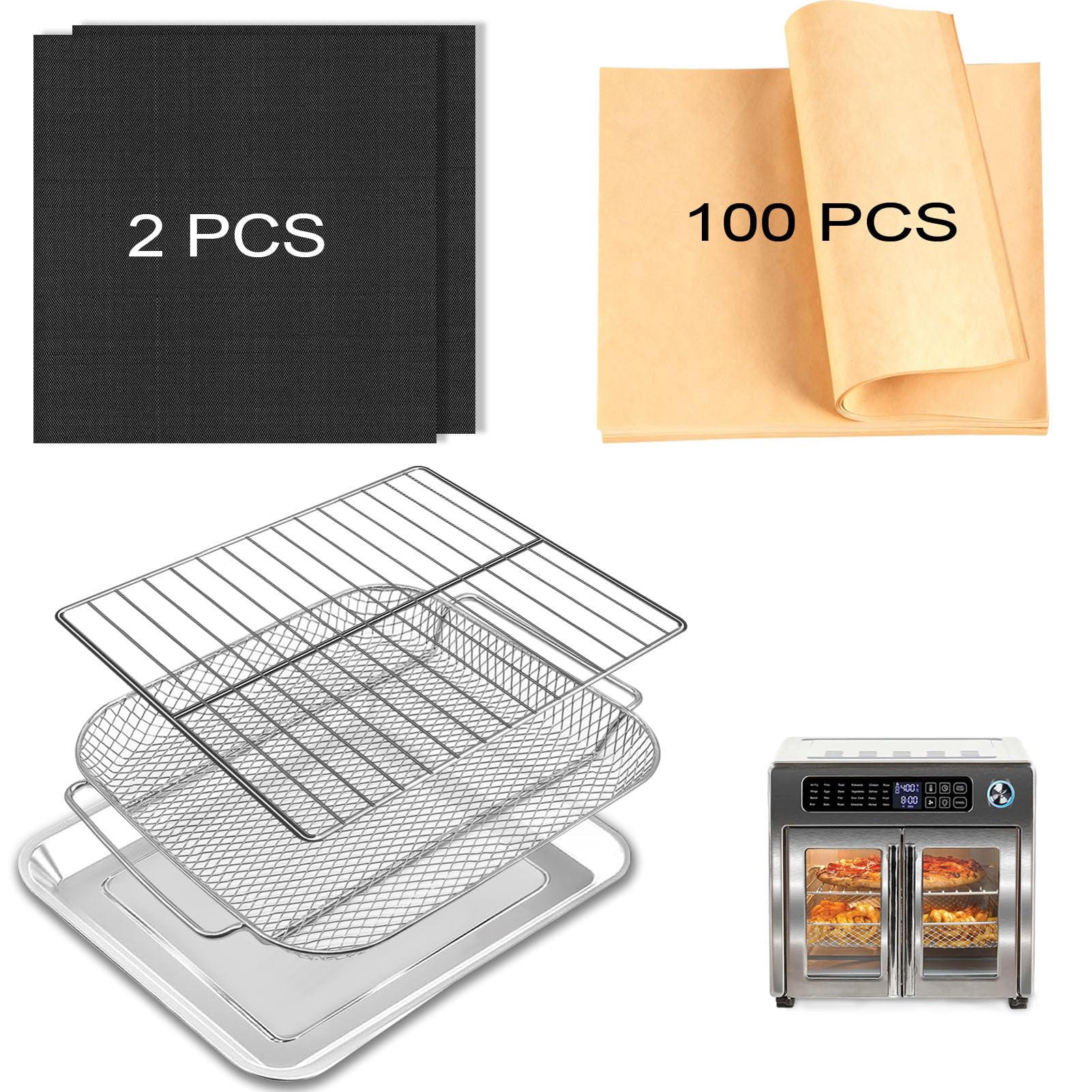 GWYSY 5-Pack Air Fryer Replacement Set for Emeril Lagasse 26QT, Includes Non-Stick Baking Pan, Basket, Air Fryer Rack, 2 Mats & 100 Parchment Papers, Stainless Steel Bak