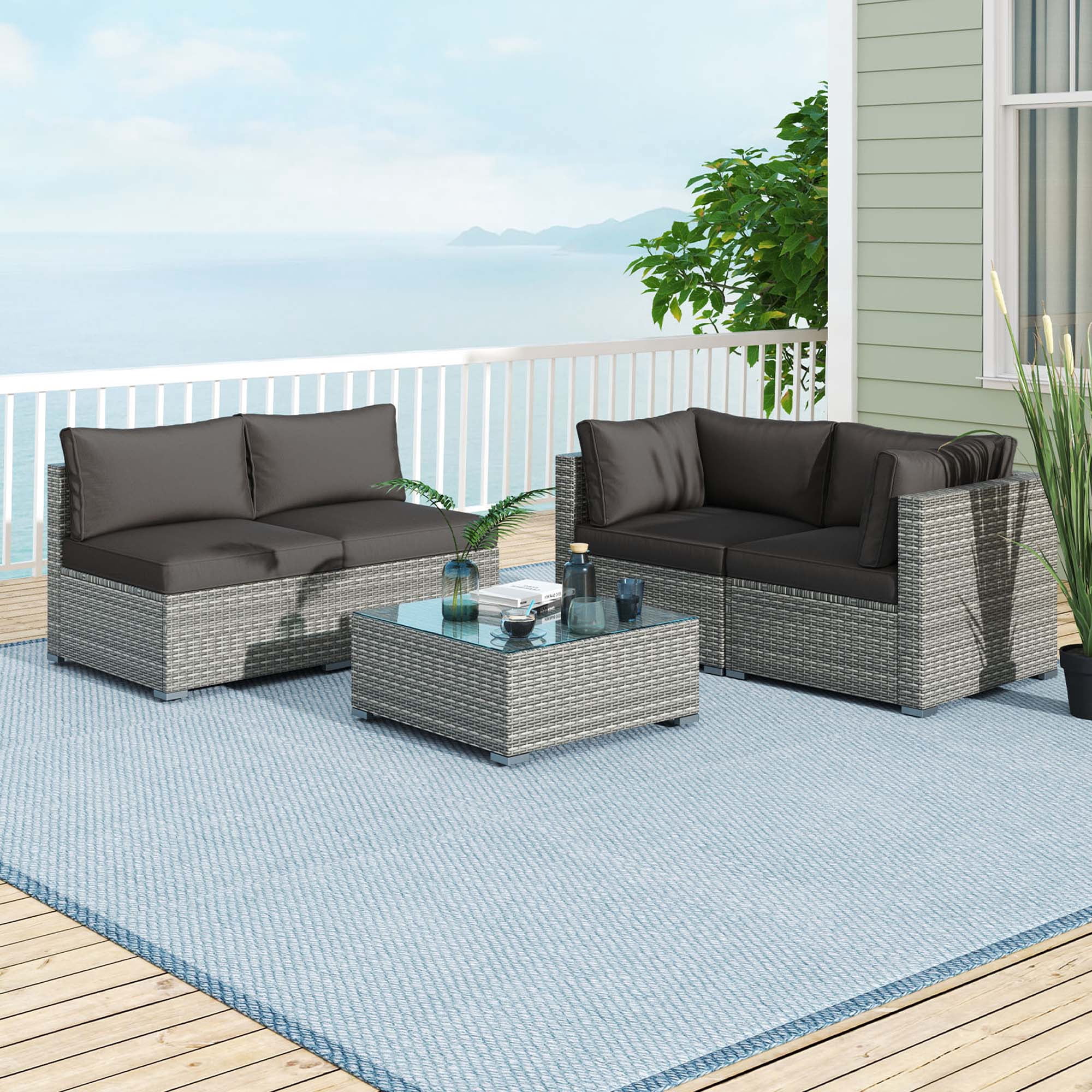Costway Ensemble de Conversation en Rotin PE pour Terrasse Extérieure, Canapé Sectionnel 5 Pcs, Noir