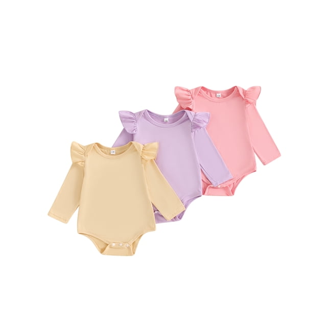 Gupgi 3 Pack Baby Girls Romper Set, 3M 6M 9M 12M 18M 24M Infant Ruffle Long Sleeve Solid Color Bodysuits Newborn Bodysuits