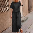 thumbnail image 2 of Womens Pants Suit Round Neck Short Sleeve Solid Color Tops Wide Leg Pants Ladies Summer Casual Pants Set, 2 of 4