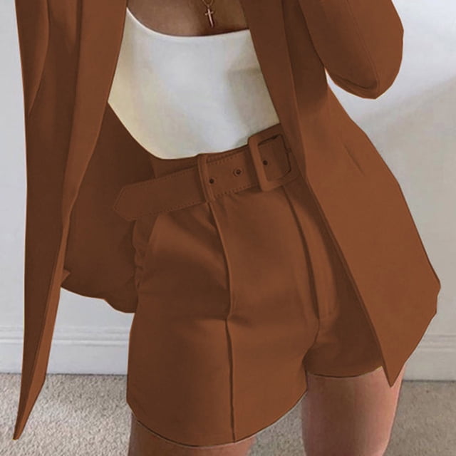 LOVZFMLL Women's Solid Suit Pant With Pockets Waisted Shorts With Belt Brown XXL