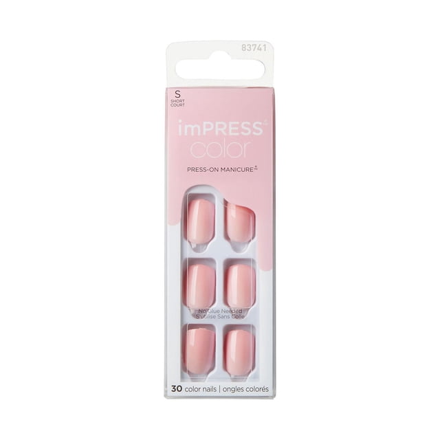 KISS ImPRESS Color - Fake Nails, 30 Count, Short, front view of a pink and white box showing six short, solid light pink press-on nails featuring PureFit Technology and super hold adhesive for a comfortable, glue-free, long-lasting manicure at home.