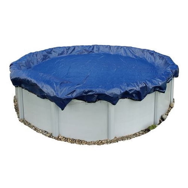 Blue Wave 15-Year Round Above-Ground Pool Winter Cover in durable blue polyethylene with 14x14 scrim count, covering a round above-ground pool with white metal walls and gravel base, featuring a 4-foot overlap, metal grommets every 2 feet, and secured with a vinyl-coated cable and metal winch, ideal for protecting pools during winter.