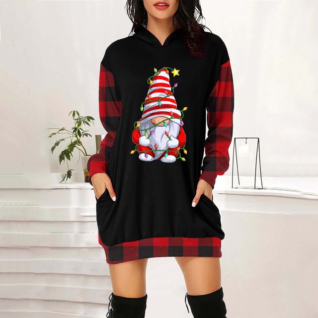 Jsaierl Chandail à Capuchon de Noël Décontracté à Manches Longues Robe de Noël à Capuche Col Rond Chandail de Noël Chandail à Imprimé de Noël pour Femmes
