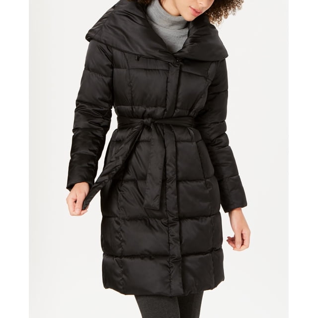 Tahari Manteau Matelassé en Duvet à Col Châle avec Ceinture