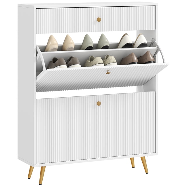 HOMCOM Armoire de Rangement pour Chaussures avec 2 Tiroirs Basculants pour 12 Paires de Chaussures, Blanc. une Armoire Blanche Mince avec Panneaux Cannelés Façon Vague et Poignées Dorées. Comprend Deux Tiroirs Basculants pour jusqu'à 12 Paires de Chaussures, un Petit Tiroir pour l'Essentiel et des Tablettes Ajustables. Conception Anti-Basculement Assure la Stabilité. Dimensions : 31.5 Pouces L x 9.4 Pouces P x 40 Pouces H.