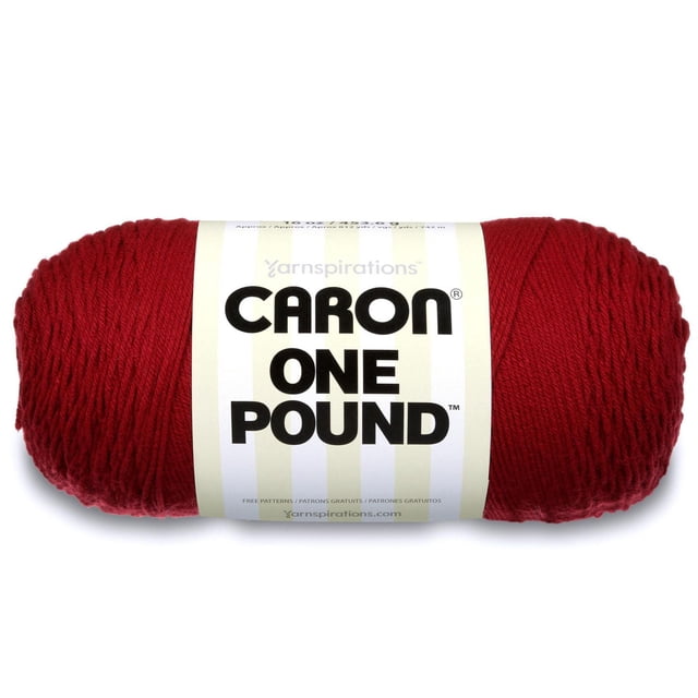 Fil Caron® One Pound™, Acrylique #4 Moyen, 16oz/454g, 812 Yards en Rouge Foncé, un Grand Écheveau de Fil Acrylique de Grosseur worsted avec une Étiquette Blanche Présentant un Texte Noir Audacieux, Convient aux Accessoires de Tricot et de crochet, aux Vêtements et aux Projets de Déco Maison, Souvent Utilisé pour des Motifs de Bébé et d'Enfants.