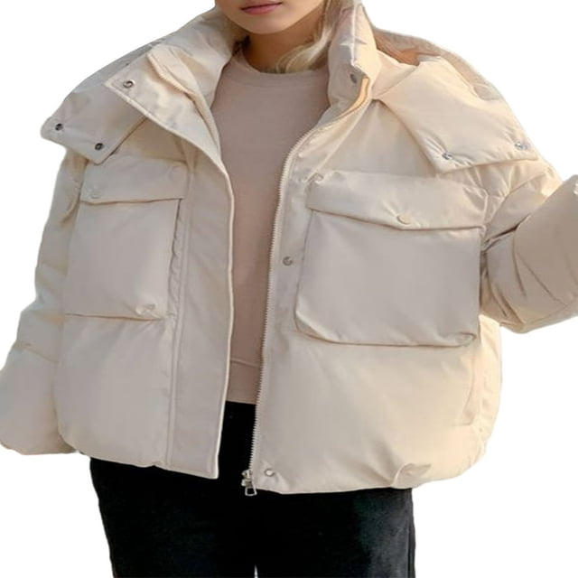 Solid Color Long Sleeve Puffer Coat with Hood and 2 Pockets for Women