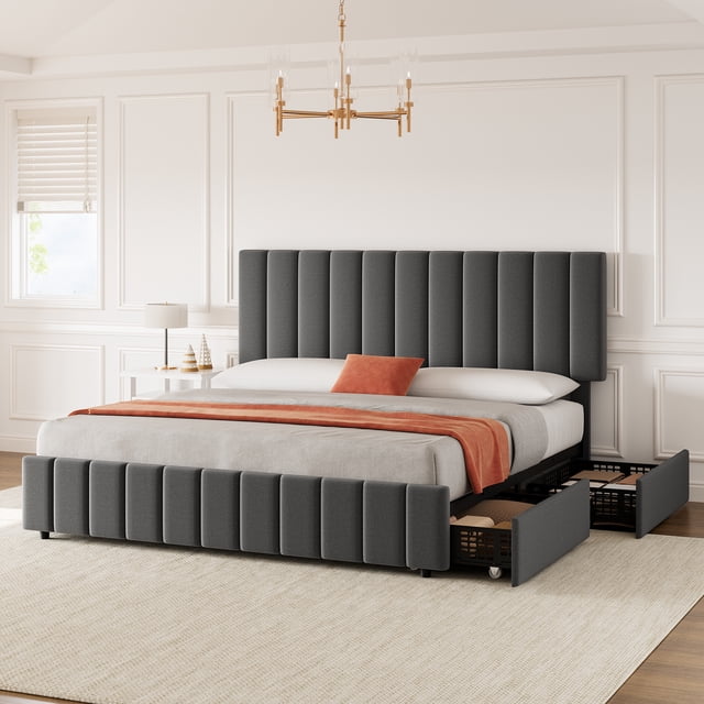 YUSAZENS Queen Size Linen Upholstered Platform Bed Frame with 4 Storage Drawers, Adjustable Headboard, No Box Spring Needed, Wooden Slats Support, Gray