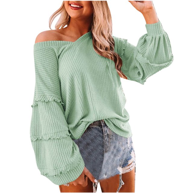 Pompotops Blouse Décontractée Mode Unie à Manches Lanternes à Volants Col en V pour Femmes