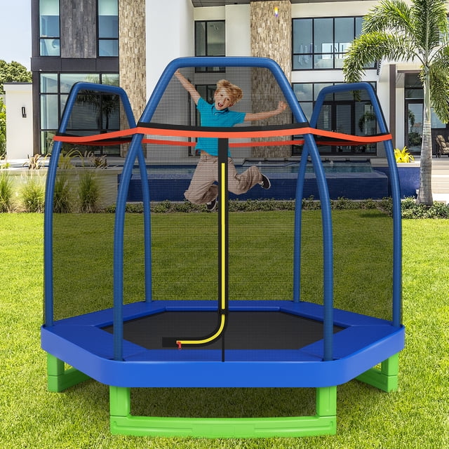 Costway Trampoline pour Enfants de 7 Pi avec Filet de Sécurité et Coussin à Ressorts en Bleu, Conçu pour le Jeu Intérieur et Extérieur. Comprend un Cadre en Acier Galvanisé, un Tapis de Saut à Haute Résilience et 36 Ressorts Robustes pour un Rebond Supérieur. Comprend un Filet de Sécurité à Haute Densité, des Poteaux Enveloppés de Mousse et une Fermeture Éclair Double Face pour la Sécurité. Idéal pour les Enfants de 3 Ans et Plus, avec une base en U Élargie pour la Stabilité. Dimensions : 7,3 Pi x 7,3 Pi x 6,1 Pi.