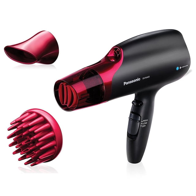 Panasonic EHNA65 Nanoe™ Séchoir à Cheveux à Infusion d'Humidité Noir avec Embout Translucide Rouge à Séchage Rapide et Poignée Ergonomique Offrant Trois Réglages de Vitesse. Comprend Deux Accessoires nanoe Rouges : un Embout Concentrateur pour un Coiffage Précis et un Diffuseur pour Ajouter du volume et Réduire les Frisottis, Convient pour des Soins Capillaires et un Coiffage Efficaces.