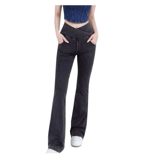 Besolor Jeans Coupe Bottillon Extensibles à Taille Croisée pour Femme, Gris Foncé