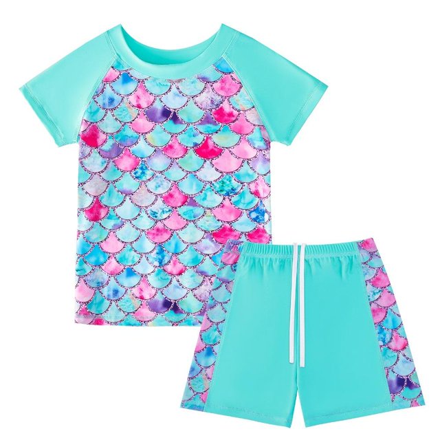 Girls Rash Guard 2-Piece Swimwear Fish Scale Pattern Swimwear Upf 50+ Uv for 4-12Y