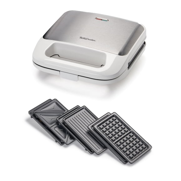 Betty Crocker Gril Intérieur 3-en-1 Presse à Sandwich/Panini et Gaufrier Plus Gril Électrique Intérieur avec Plaques Antiadhésives Interchangeables 750 Watts BC-4965W Blanc