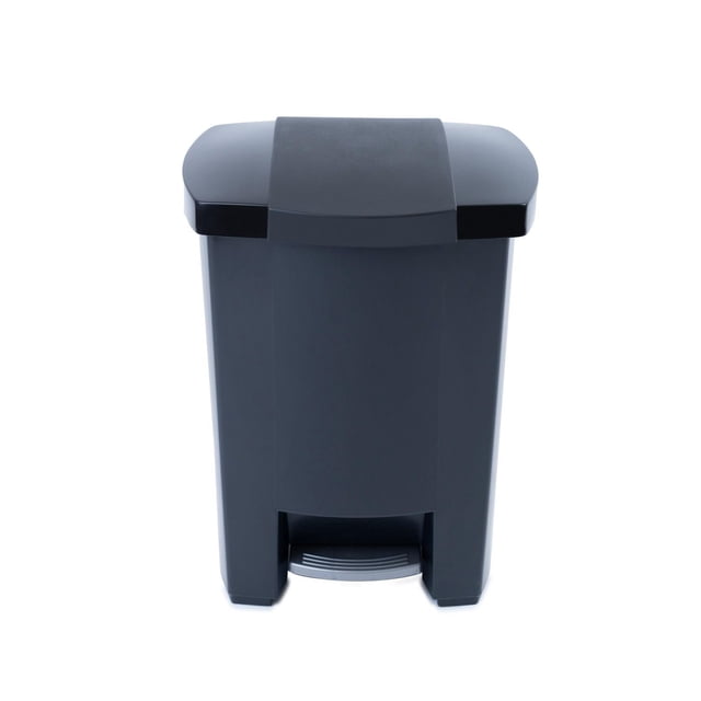 Mistral 30L Step on Garbage Can Black with a front-facing rectangular black polypropylene design, featuring a wide foot pedal for hands-free lid opening, self-closing lid, and removable liner for easy cleaning, ideal for space-efficient home trash and recycling storage.