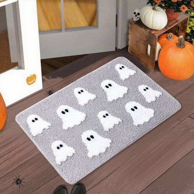 Halloween Pumpkin Rug Non-Slip Flannel Bath Mat | Soft Polyester Carpet for Doorstep Living Room Bedroom | Stain-Resistant Easy Clean Fall Decor | Gray Pink Black 19.6x31.4in