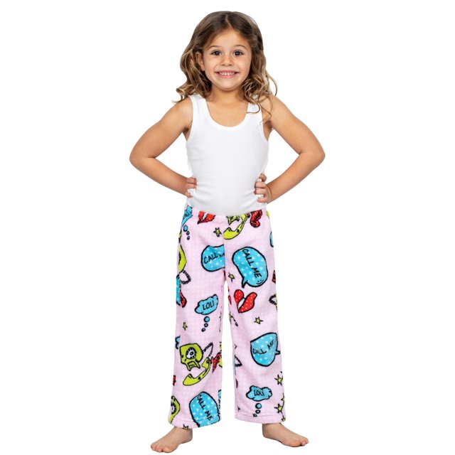 Up Past 8 Girls' Pajama Pants Fuzzy Plush Sleepwear Fun Pants designed with colorful comic-style graphics, including phones, lips, and speech bubbles that say 'Call Me' on a pink background with white polka dots. Made from flame-resistant polyester with a soft, fuzzy texture and an elastic waistband for comfort. Perfect for girls' sleepwear, lounging, slumber parties, and sleep. Available in kids sizes 2T to 8.