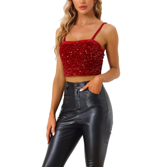 INSPIRE CHIC Camisole Courte à Bretelles Spaghetti en Velours à Paillettes pour Femme, Rouge, Taille M. Ce Haut Court Sans Manches Présente un Tissu à Paillettes Scintillant, des Bretelles Spaghetti en Velours Ajustables et une Coupe Ajustée. Parfait pour les Tenues Décontractées, les Fêtes, les Boîtes de Nuit et les occasions Festives.