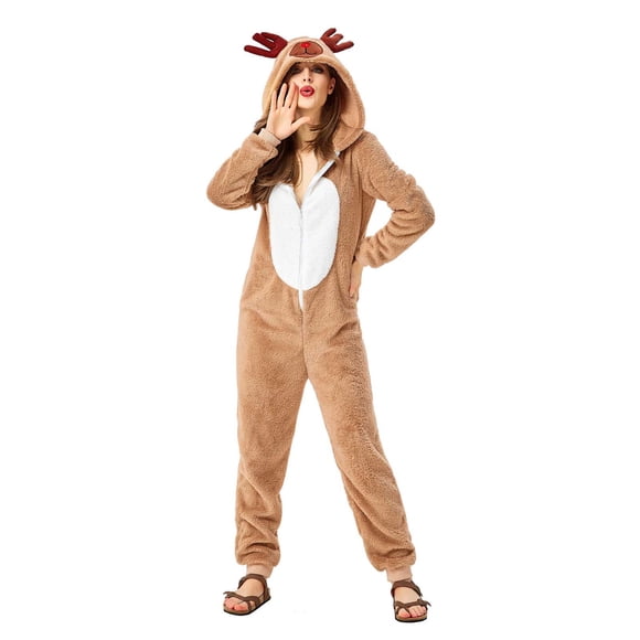 Meichang Christmas Onesies Pajamas Boys Girls Cute Fleece Animal Costumes Holiday Warm Zipper Hooded Jumpsuit Cosplay Elk Sleepwear Outfit