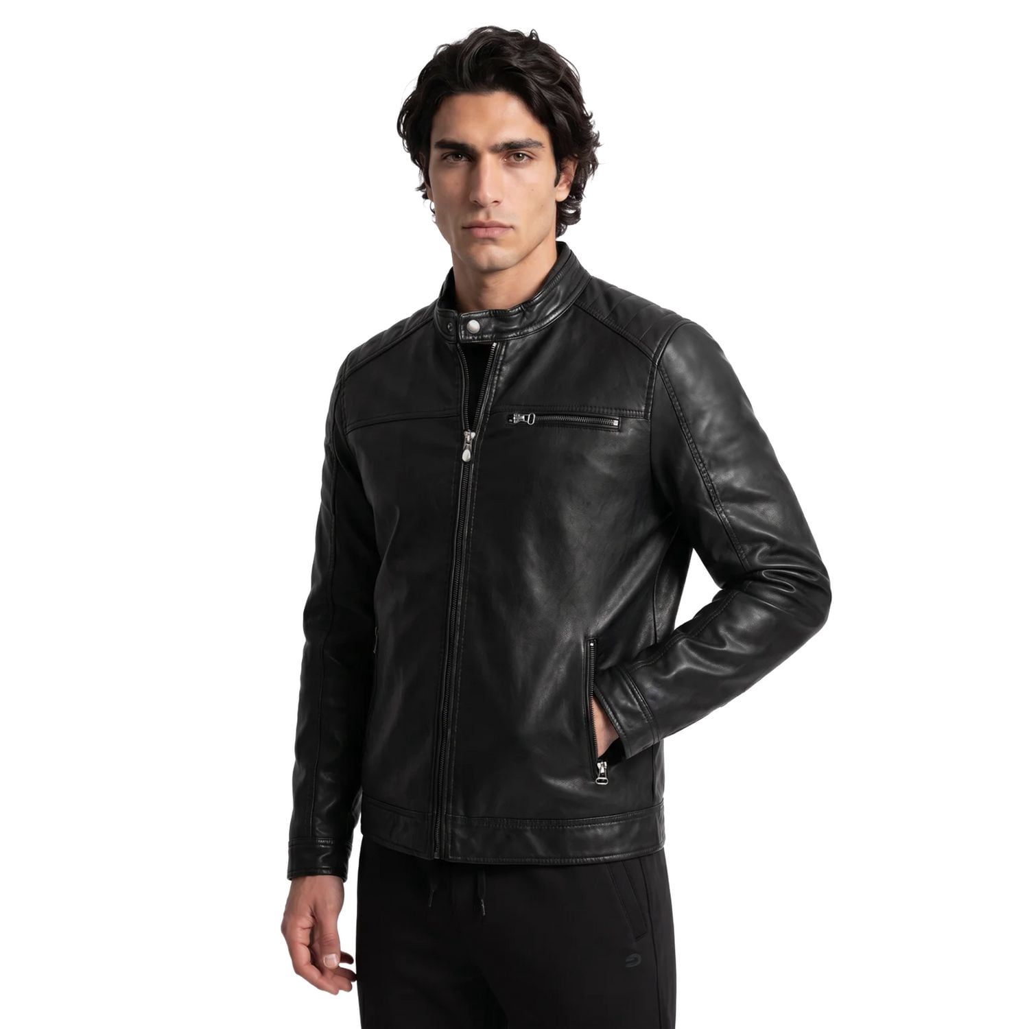Dark Black Men's Vegan Leather Moto Jacket