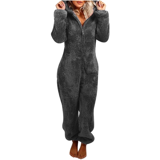 Pyjamas Chauds pour Femmes Hiver Combinaison à Manches Longues à Capuche Pyjamas Décontractés Combinaison de Sommeil Chaude d'Hiver Combinaison à Manches Longues