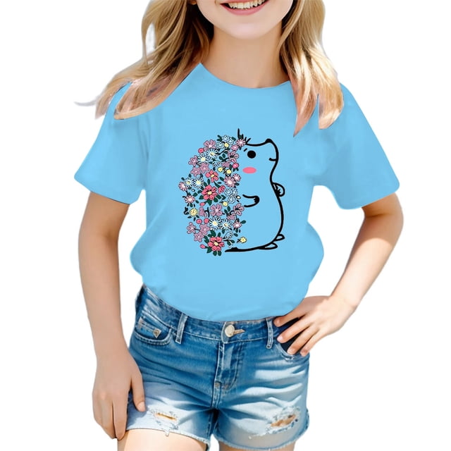 PMVFHDE Hauts pour Filles T-Shirts pour Filles T-Shirts Graphiques T-Shirts pour Fille Hauts d'Été Tendance pour Filles Hauts d'Été pour Fille T-Shirt Graphique Mignon pour Fille Col Rond Manches Courtes T-Shirt d'Été Bleu, 5-6 Ans