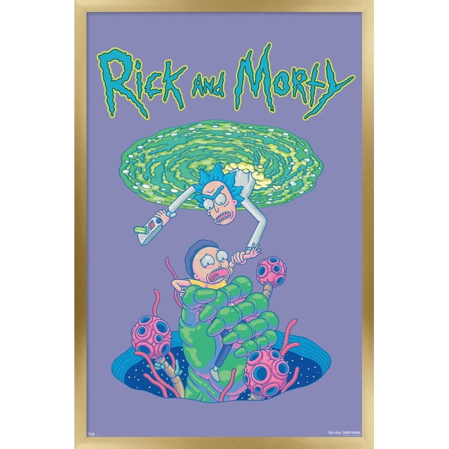 Rick And Morty - Portal Fall Wall Poster, 22.375" x 34" depicting Rick emerging from a green swirling portal holding a futuristic gun, with Morty trapped in a large green alien claw surrounded by pink tentacles on a purple background. This glossy, lightweight poster is suitable for decorating bedrooms, offices, or dorms.