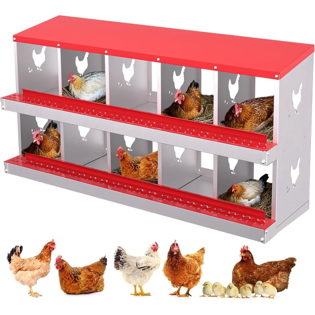 Chicken Nesting Box, 10 Compartment Metal Chicken Nesting Boxes for Chicken Coop, Easy Egg Collection, Easy Cleaning, Chicken Laying Boxes for Hens, Red