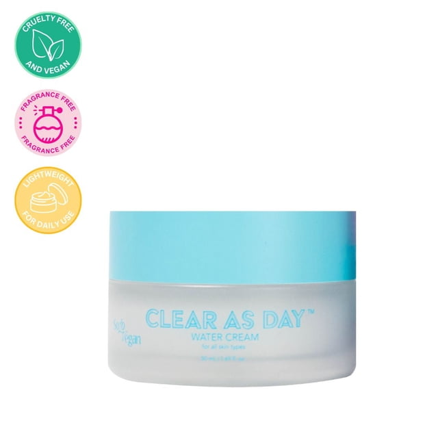 SoloVegan Clear As Day Water Cream in a 50 mL frosted jar with a light blue lid, a pore-clearing gel-cream moisturizer for all skin types that gently addresses breakouts and pore concerns, ideal for daily lightweight use.